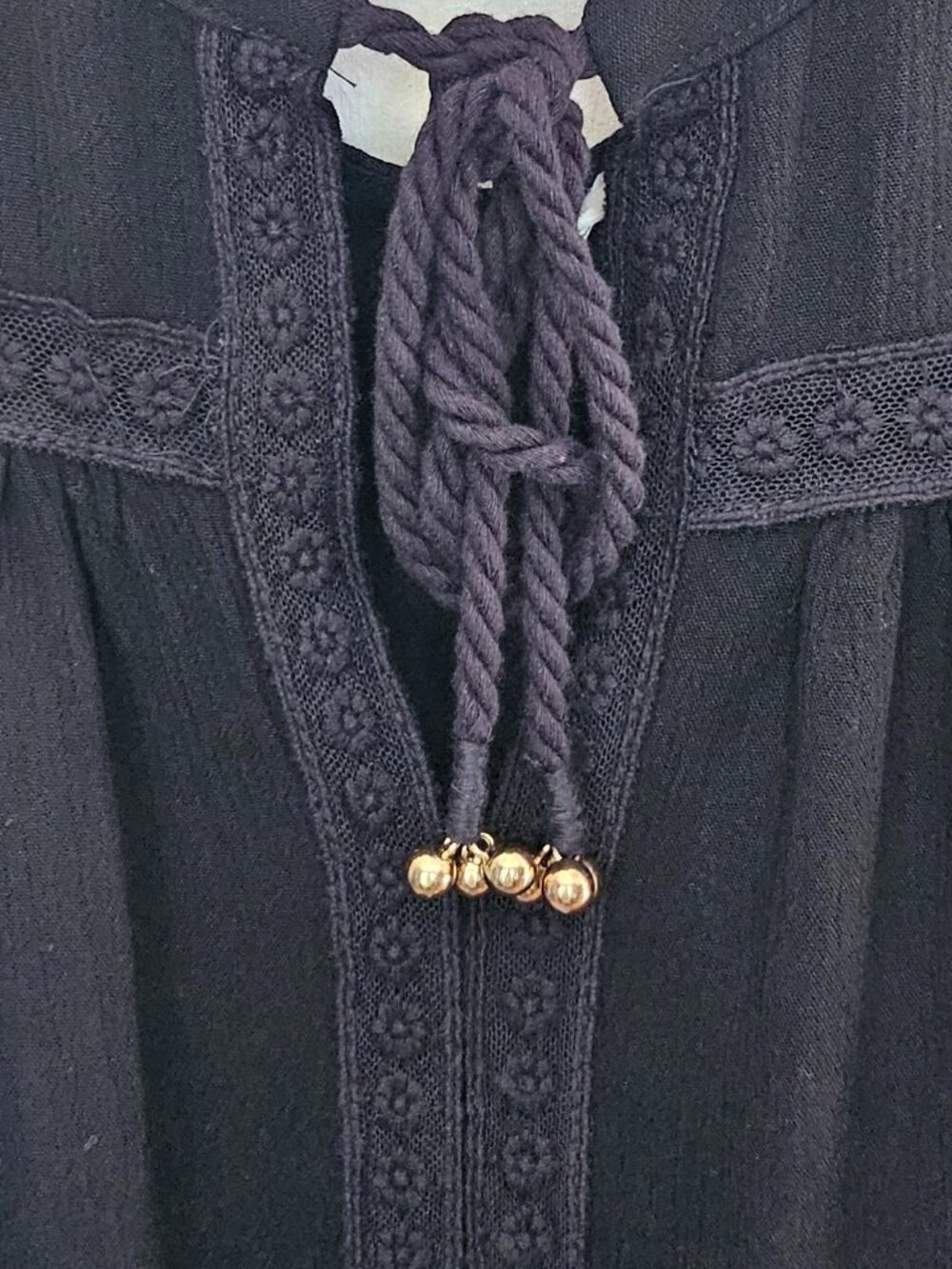 BLACK SWIM WEAR COVERUP w/ BRAIDED FRONT TIE  & GOLD ACCENTS w/  FLORAL MOTIF